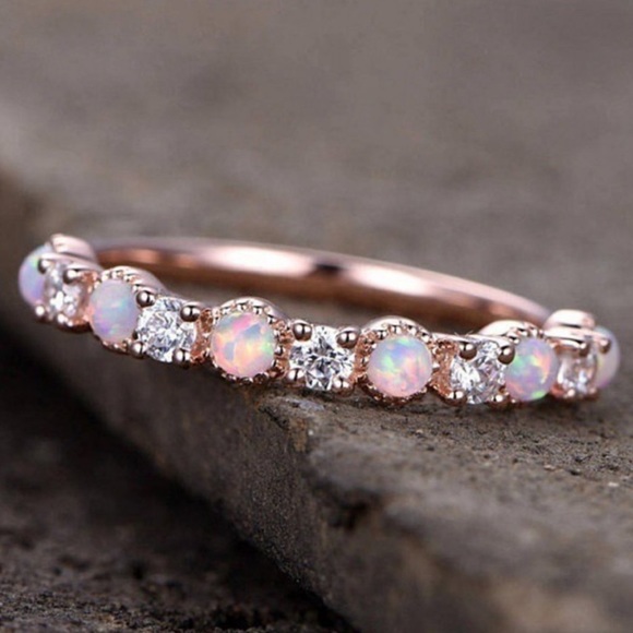 NEW 18K Rose Gold Diamond Opal Eternity Ring - Picture 2 of 5